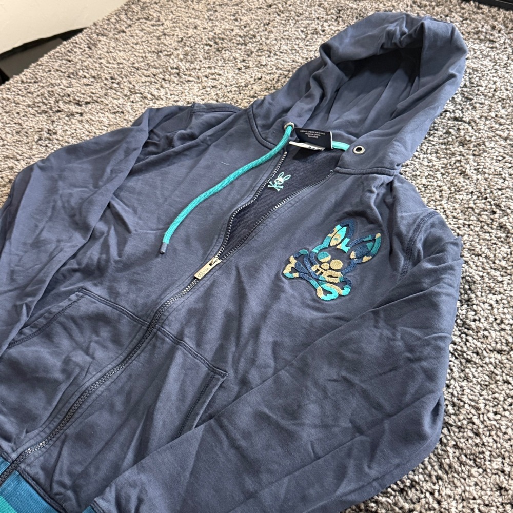 Rare Psycho Bunny Hoodie Mens Navy Blue Excellent Camo Logo Full Zip Medium